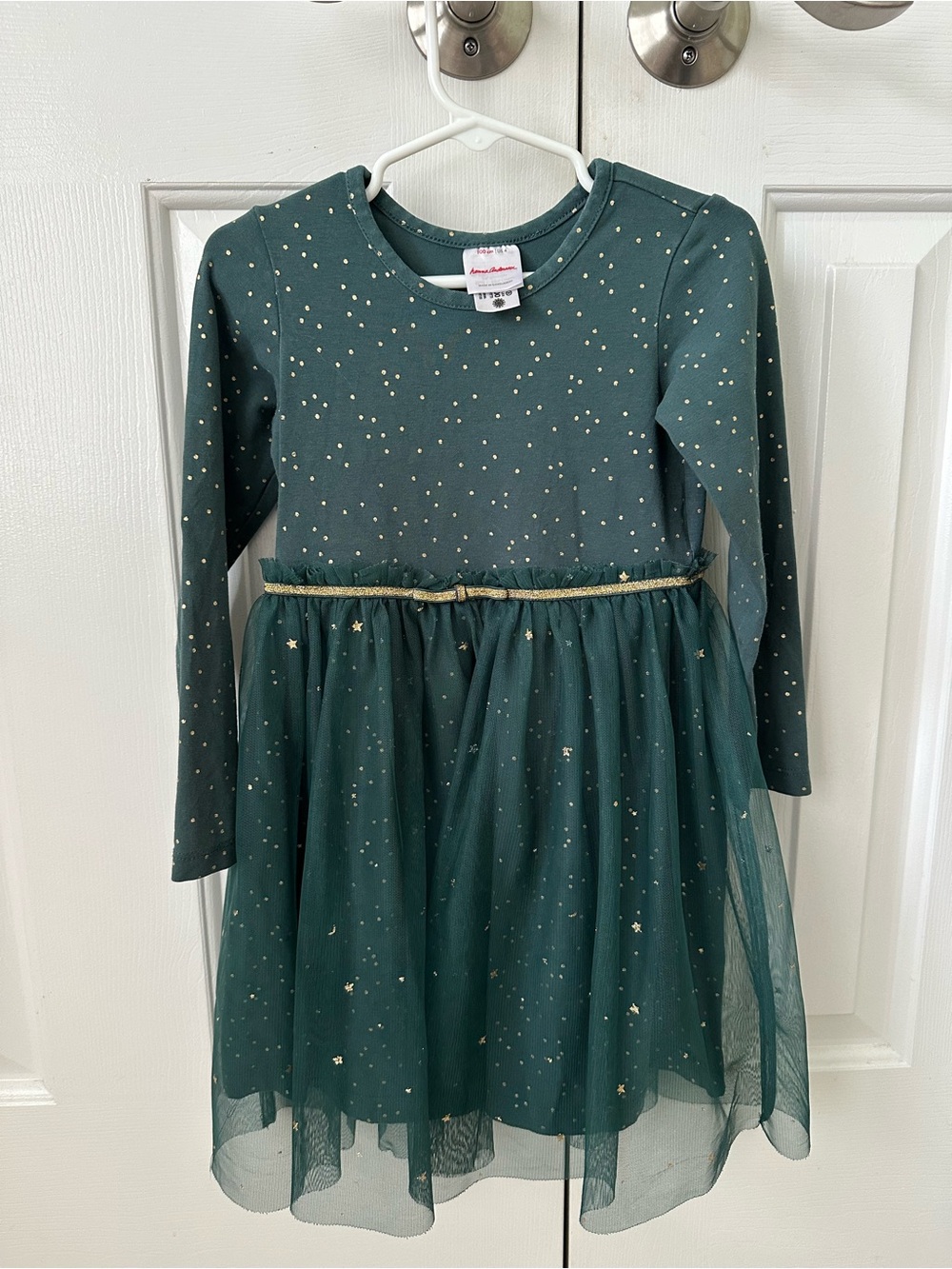 Hanna Andersson Forest Green Long-Sleeve Tulle Dress with Gold Stars